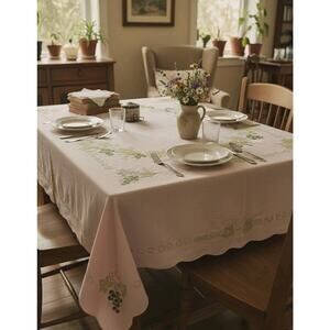 Vtg Pink Grapes Cross Stitch Retro Kitchen Dining Decor Tablecloth 66"x55"
